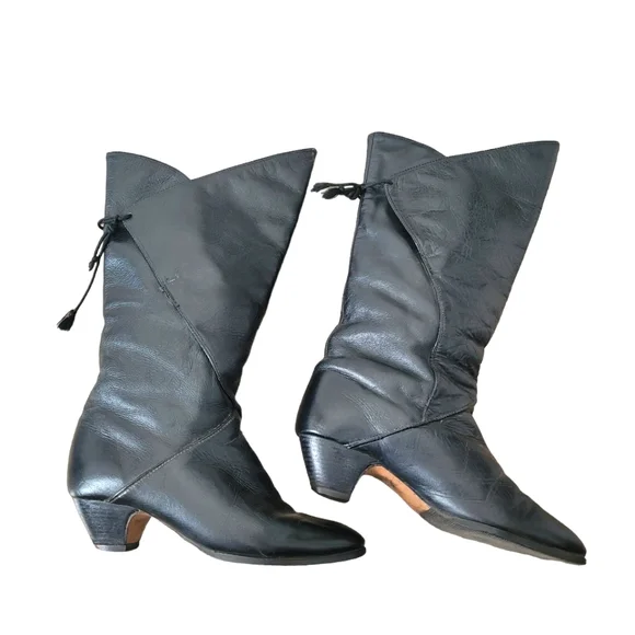 Vintage 80's black genuine leather mid calf boots Size 7 - Picture 5 of 16